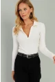 Kadın Beyaz Polo Yaka Fitilli Bluz TH1104
