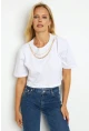 Kadın Beyaz Zincir Aksesuarlı Kısa T-Shirt HT109