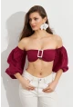 Kadın Bordo Balon Kol Crop Bluz ROP111