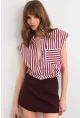 Kadın Bordo-Ekru Büzgülü Kolsuz Crop Gömlek RLO92
