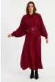 Kadın Bordo Kemerli Maxi Elbise MASF15