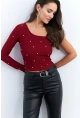 Kadın Bordo Taşlı Tek Kol Crop Bluz HOL2