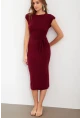 Kadın Bordo Vatkalı Kuşaklı Midi Elbise UG713