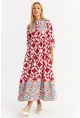 Kadın Bordo Volanlı Desenli Maxi Elbise YLE14