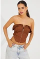Kadın Bronz Fermuarlı Straplez Crop Bluz SF2502
