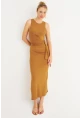 Kadın Camel Büzgülü Kolsuz Midi Elbise TF75