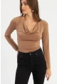 Kadın Camel Degaje Yaka Büzgülü Bluz FRY2248