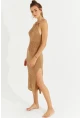Kadın Camel Halter Yaka Ajurlu Midi Elbise SF2506