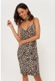 Kadın Camel Leopar Desenli Degaje Yaka Elbise LPP1130