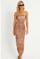 Kadın Camel Leopar Desenli Midi Straplez Yılbaşı Elbise XC001
