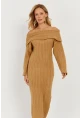 Kadın Camel Madonna Yaka Triko Midi Elbise KZ2503