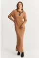 Kadın Camel Polo Yaka Triko Maxi Elbise MNUV17