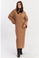 Kadın Camel Saç Örgülü Triko Midi Elbise KZ541