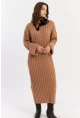 Kadın Camel Saç Örgülü Triko Midi Elbise KZ541
