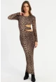 Kadın Camel-Siyah Dekolteli Leopar Maxi Yılbaşı Elbise LİK9