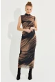 Kadın Camel-Siyah Desenli Maxi Tül Elbise RMZ21181