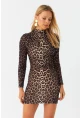 Kadın Camel-Siyah Drapeli Mini Leopar Elbise DMR386