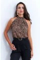 Kadın Camel-Siyah Halter Yaka LeoparDesenli Bluz LPP1273