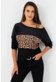 Kadın Camel-Siyah Kadife Bloklu Leopar Desenli Sweatshirt ST097