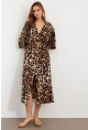 Kadın Camel-Siyah Kruvaze Leopar Midi Elbise KAB306