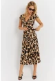 Kadın Camel-Siyah Kuruvaze Bağlamalı Leopar Desenli Midi Elbise EY2896