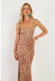 Kadın Camel-Siyah Leopar Desenli Maxi Elbise DMR283-1