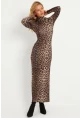 Kadın Camel-Siyah Leopar Desenli Maxi Yılbaşı Elbise LİK07
