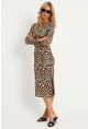 Kadın Camel-Siyah Leopar Desenli Midi Elbise YLE31