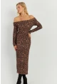 Kadın Camel-Siyah Leopar Madonna Midi Elbise RMZ21254