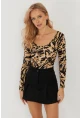 Kadın Camel-Siyah Ön Arka U Zebra Desenli Bluz LPP1266