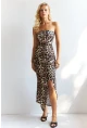Kadın Camel-Siyah Önü Büzgülü Leopar Midi Elbise HC1591