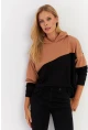 Kadın Camel-Siyah Renk Bloklu Kapüşonlu Sweatshirt DA148