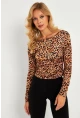 Kadın Camel-Siyah Sırtı Açık Leopar Desenli Bluz GÇ187