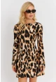 Kadın Camel-Siyah Sırtı Açık Leopar Desenli Midi Elbise EY2891