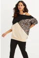 Kadın Camel-Siyah Tek Omuz Leopar Desen Bloklu Sweatshirt BK231066