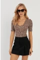 Kadın Camel-Siyah V Yaka Leopar Bluz LPP1263