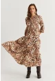 Kadın Camel-Siyah Volanlı Desenli Maxi Elbise YLE14