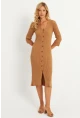 Kadın Camel Triko Midi Gömlek Elbise YV274