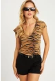Kadın Camel V Yaka Desenli Bluz LPP1285