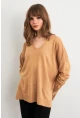 Kadın Camel V Yaka Triko Kazak YİL549