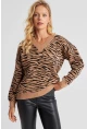 Kadın Camel Zebra Desenli Triko Kazak YZ521
