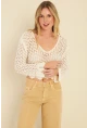 Kadın Ekru Ajurlu Triko Bluz MZU603