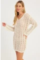 Kadın Ekru Ajurlu Triko Mini Elbise MZU605