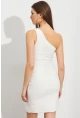 Kadın Ekru Asimetrik Yaka Astarlı Mini Elbise LİT109-1