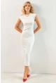 Kadın Ekru Boyun Bağlamalı Büzgülü Midi Elbise KED4281