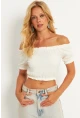 Kadın Ekru Bürümcük Crop Bluz KAZ10