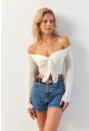 Kadın Ekru Büzgülü File Bluz OW146