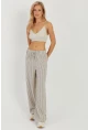 Kadın Ekru Çizgili Keten Pantolon Q986