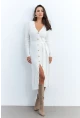 Kadın Ekru Düğme Detaylı Kuşaklı Midi Elbise MŞ1