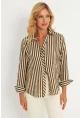 Kadın Ekru-Haki Çizgili Gömlek KED709